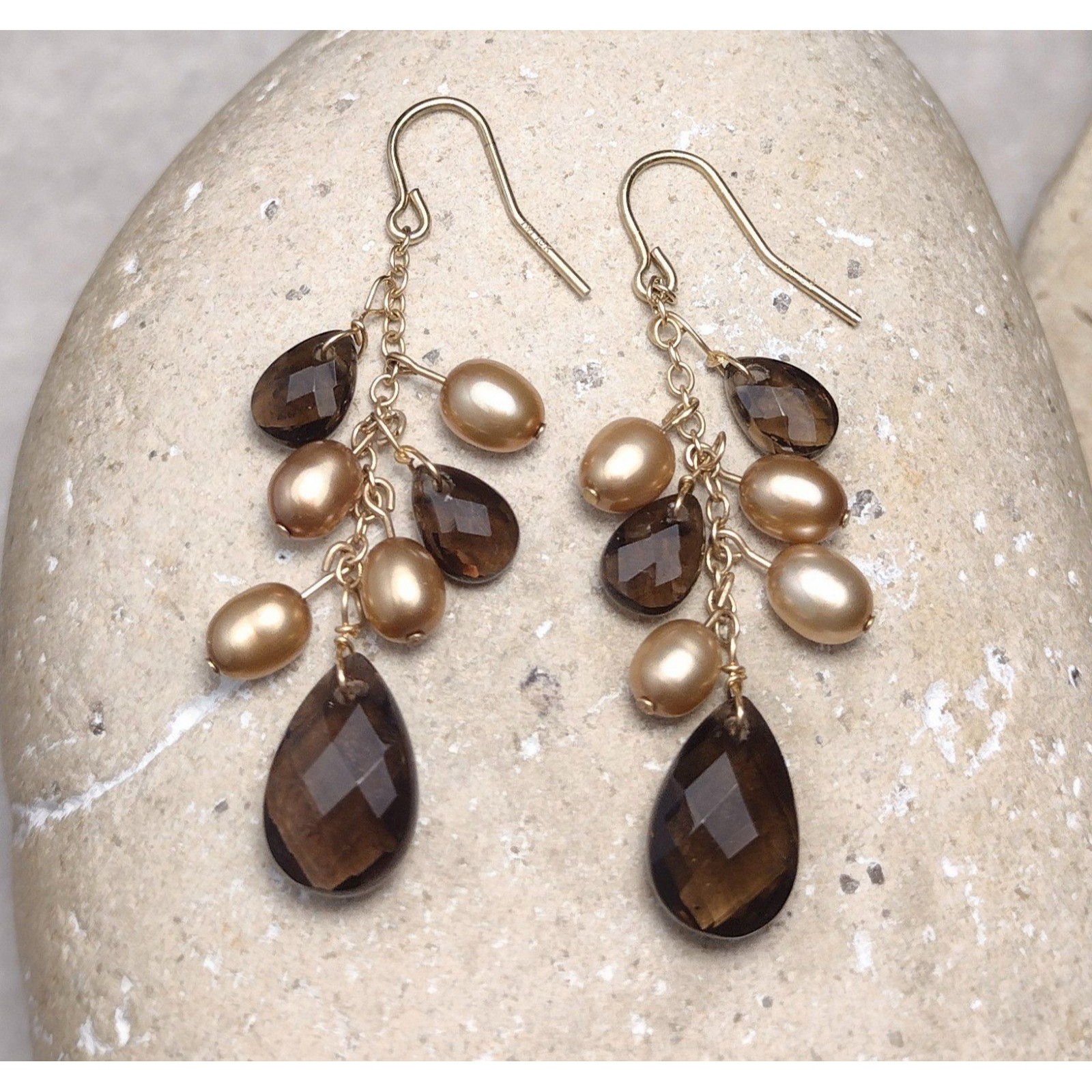 Vintage 10k Yellow Gold Pearl & Brown Topaz Chain Drop Dangle Earrings